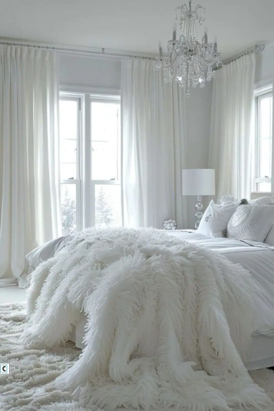 Elegant white bedroom with sheer curtains, fluffy bedspread, and a crystal chandelier.