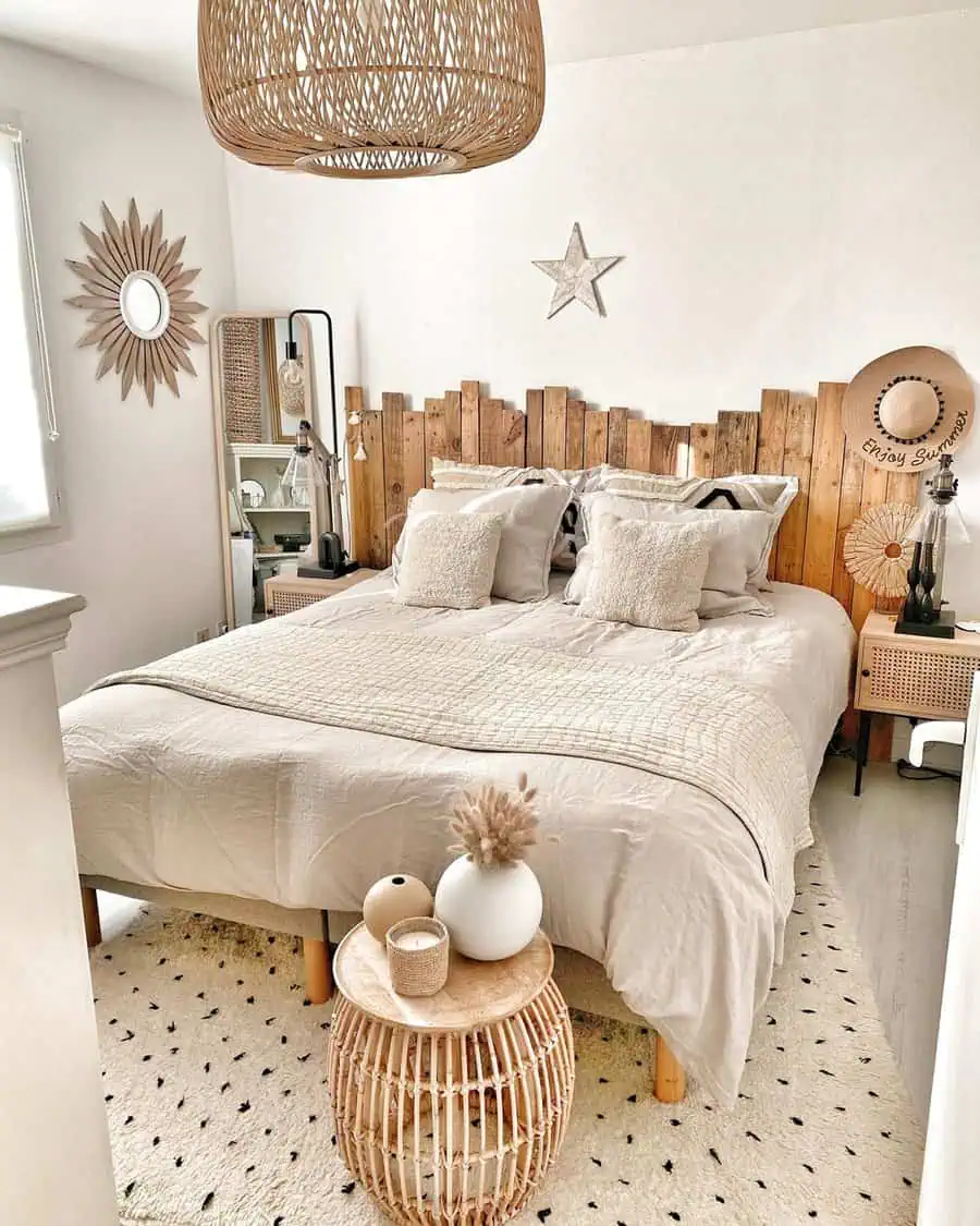 Rustic bedroom with a wooden headboard, cozy neutral bedding, woven decor elements, and soft lighting.