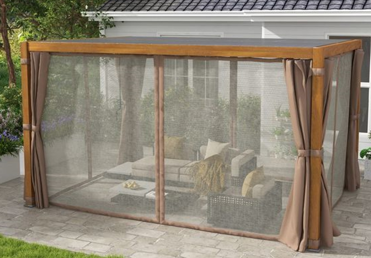 Patio with a wooden gazebo, netted curtains, and cushioned outdoor furniture