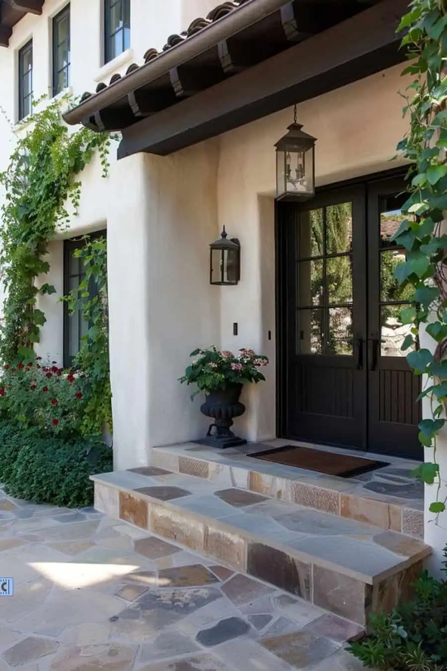 Front entrance of a house with a black door, stone steps, potted plants, hanging lanterns, and walls covered in green vines