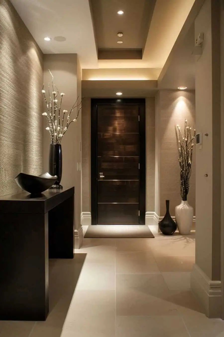 Modern hallway with textured walls, dark wood entry door, accent lighting, and decorative vases on a console table