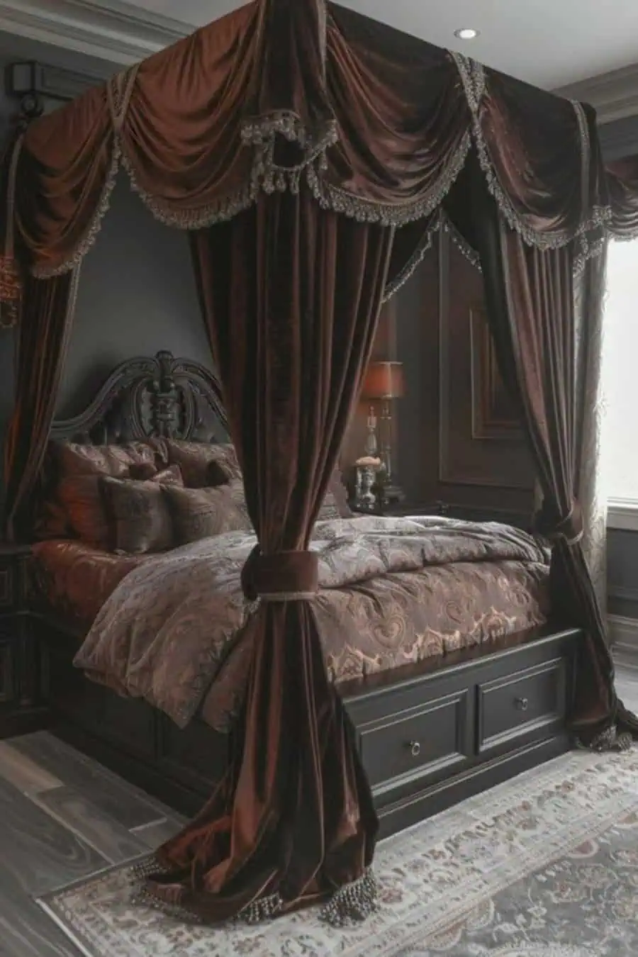 Luxurious canopy bed with dark velvet curtains and ornate bedding, set in an elegant, dimly lit bedroom