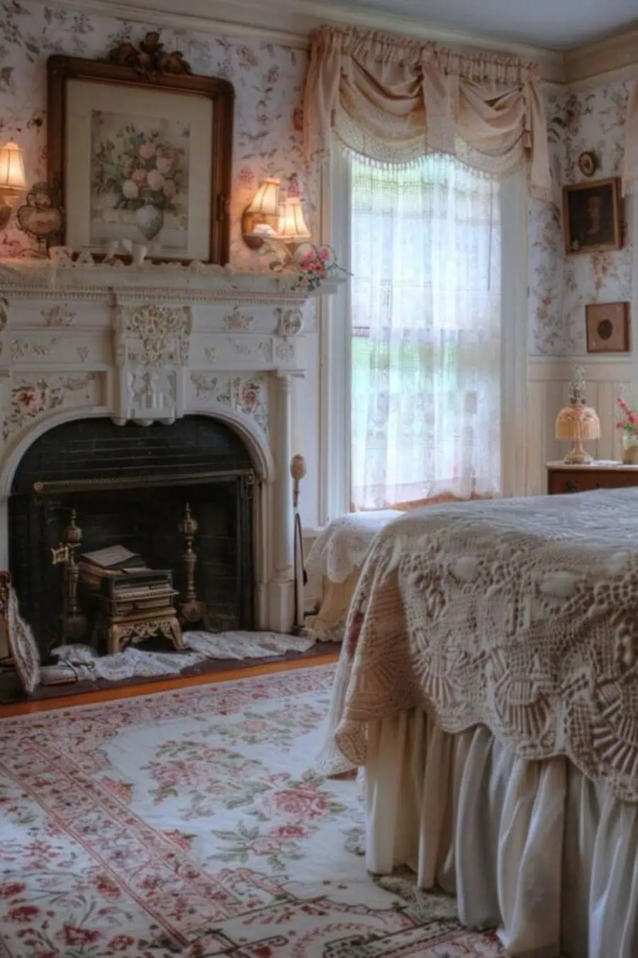 A cozy vintage bedroom with a fireplace, floral wallpaper, ornate curtains, and a bed adorned with a lace bedspread