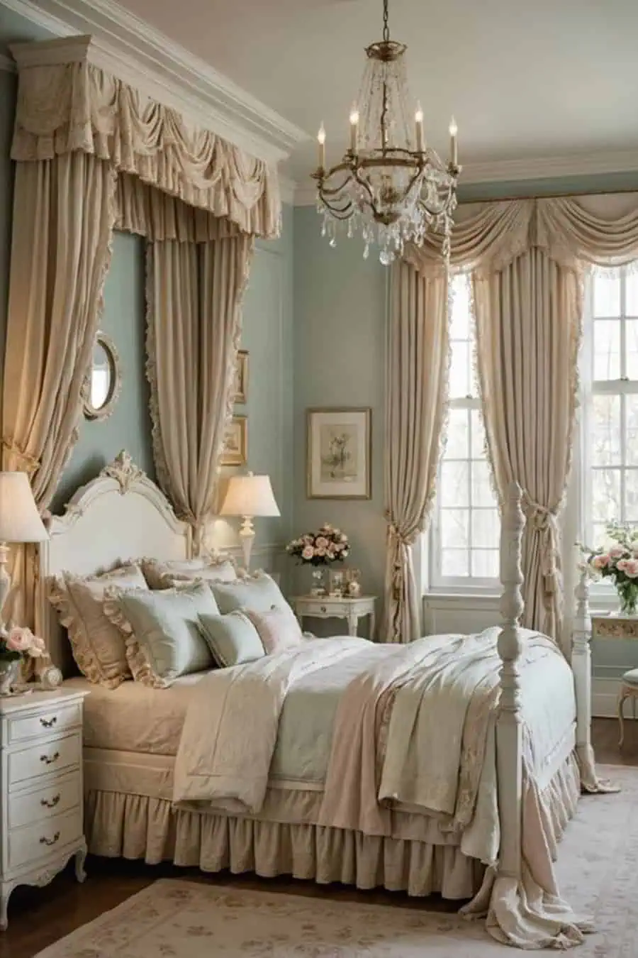 Elegant bedroom with a canopy bed, chandeliers, and draped curtains in pastel tones featuring vintage decor and soft lighting