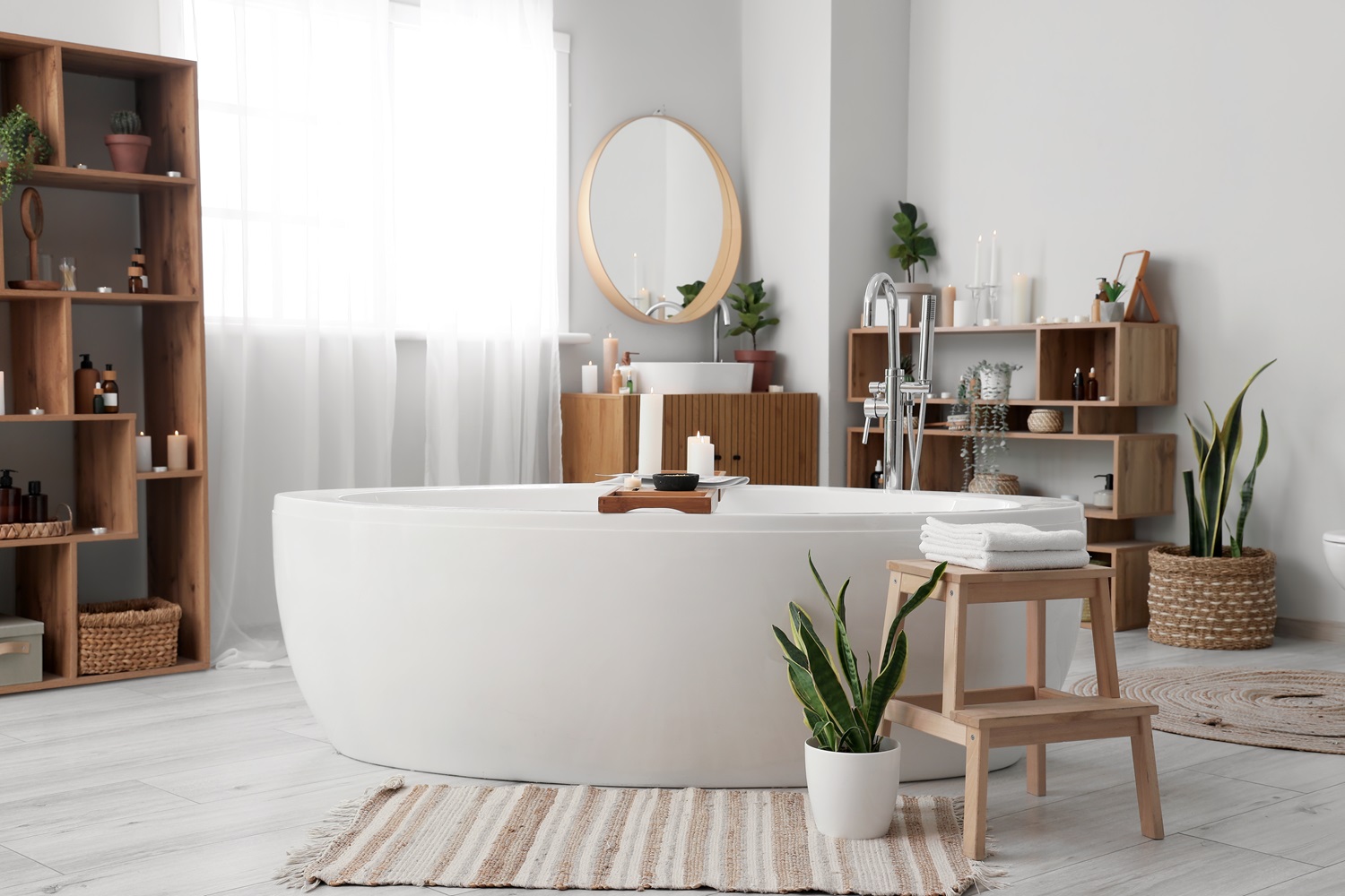 Modern bathroom featuring a white bathtub, wooden shelves, and green plants