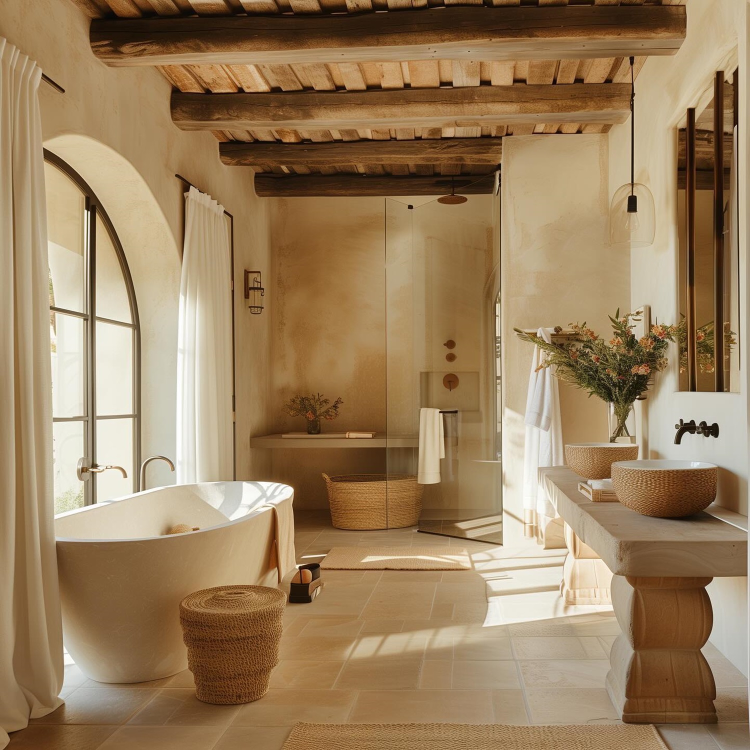 Rustic bathroom featuring a standalone tub, wooden beams, large windows, and wicker baskets