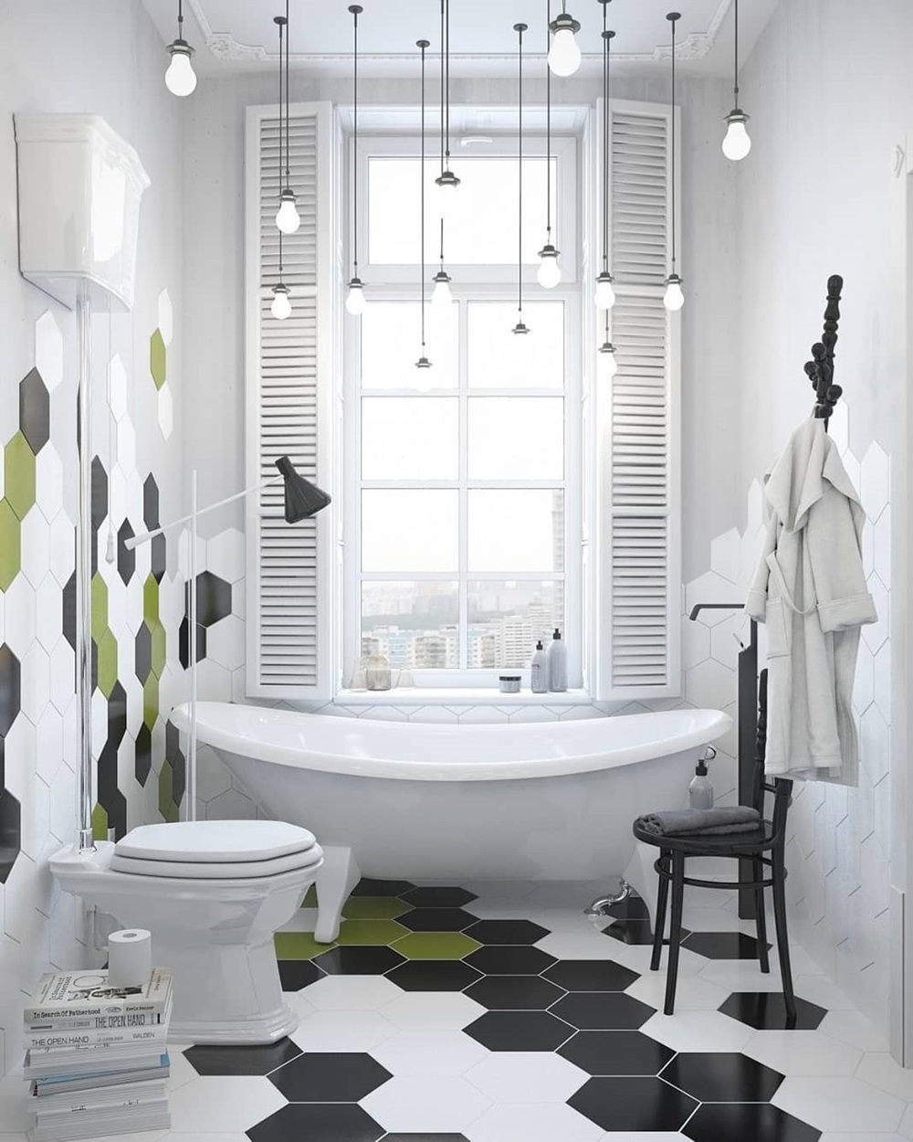 Modern bathroom featuring hexagon tiles, a tub, hanging lights, and a window in white, black, and green colors