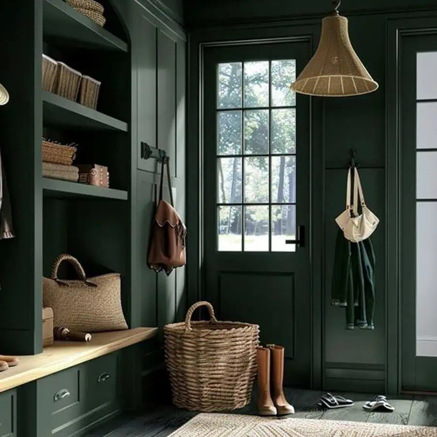 A cozy, dark green mudroom with a woven pendant light, adding a warm, rustic touch to the space.