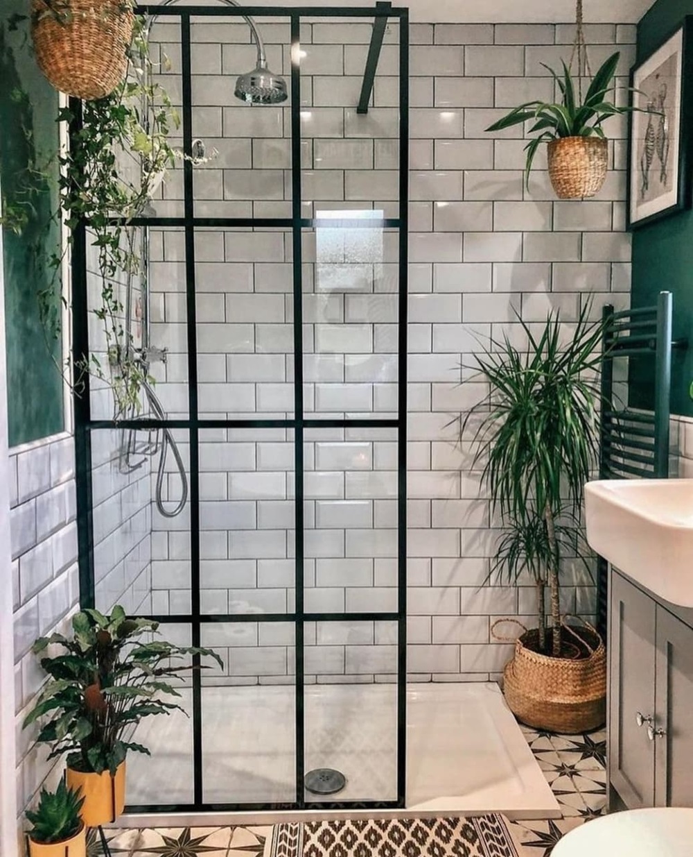 Modern bathroom featuring a glass shower, plants, and tiled walls