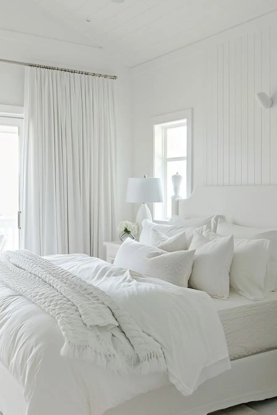 All-white bedroom with plush bedding, soft curtains, and a serene, minimalist design.