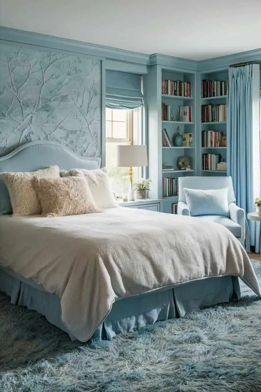 Cozy bedroom featuring light blue walls, a bed, an armchair, a rug, and a bookshelf filled with books