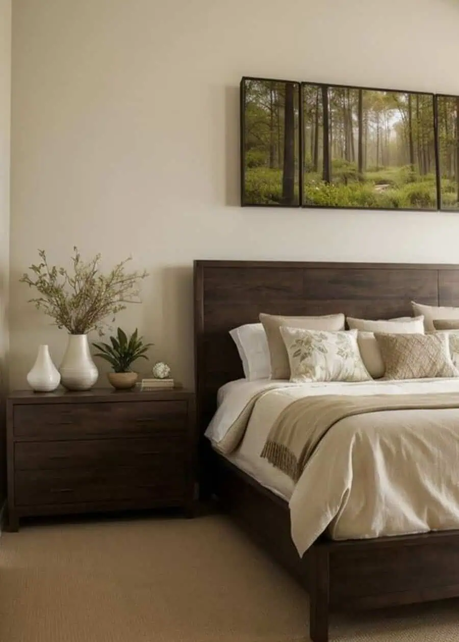 Cozy bedroom with wooden furniture, nature artwork, and neutral-toned bedding and decor.