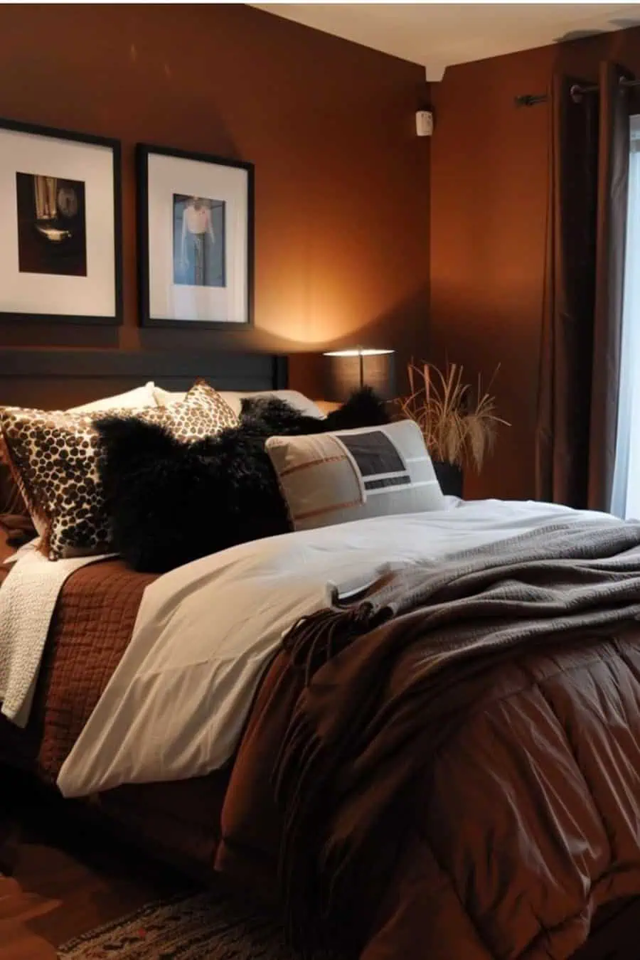 A cozy bedroom with brown walls, a bed with layered linens and pillows, and framed art above the bed.