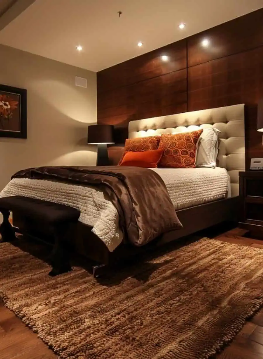 A cozy bedroom with a bed, decorative pillows, rug, lamps, and artwork on the wall.