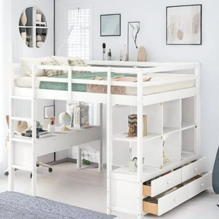 White loft bed with storage shelves and a desk underneath in a bright, minimalist room.