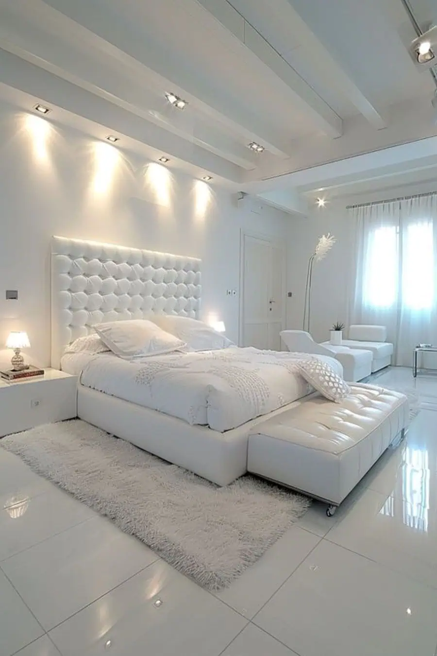 Modern white bedroom with a tufted headboard, white furniture, and bright natural light.