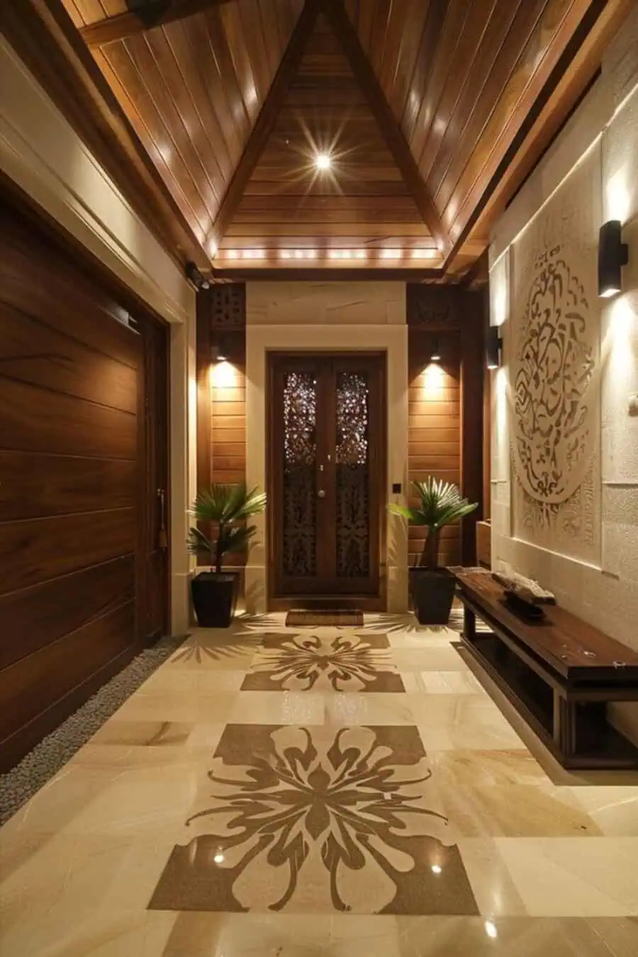 Elegantly designed hallway with intricate floor patterns, wooden ceiling, ornamental door, and potted plants