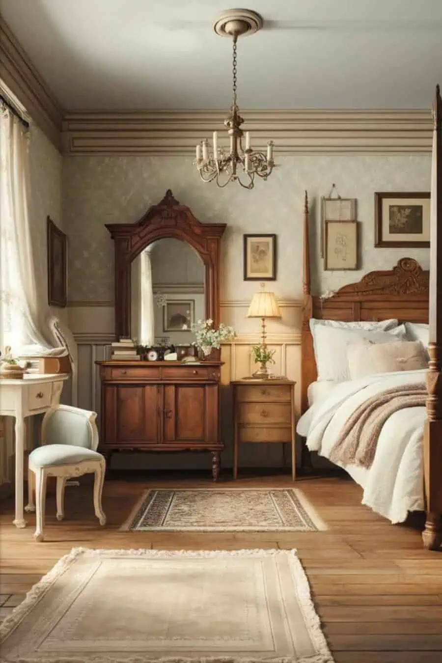 A cozy, vintage bedroom with a wooden bed, dresser, vanity, chandelier, and a small rug on the floor.