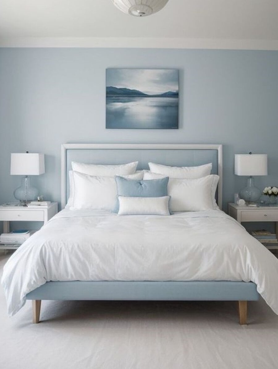 Light blue and white themed bedroom with a neatly made bed and two nightstands