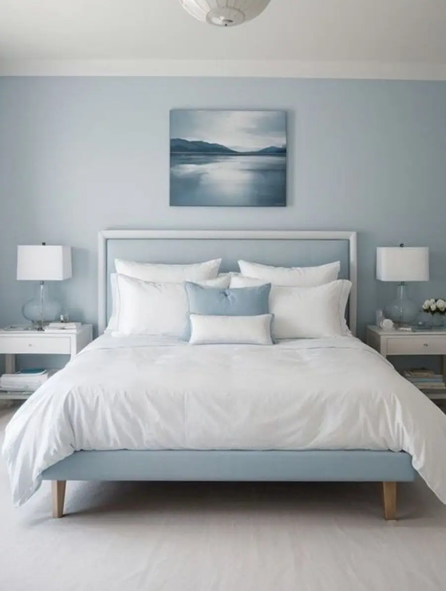 Light blue and white themed bedroom with a neatly made bed and two nightstands