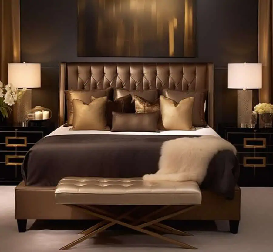 Luxurious bedroom with gold accents, plush pillows, lamps, and a bench at the foot of the bed.