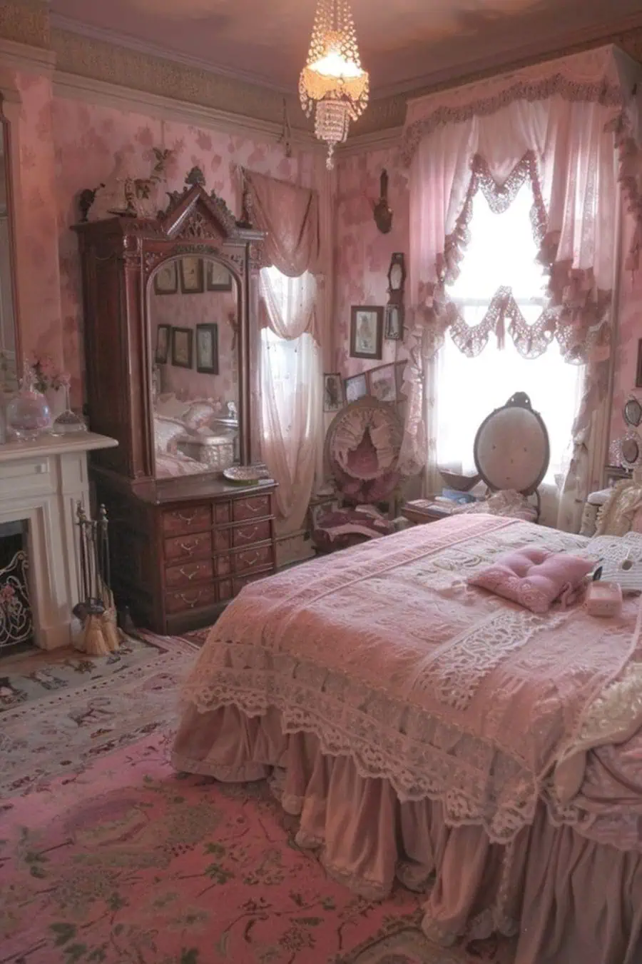 A pink Victorian-style bedroom with a bed, ornate mirror, fireplace, and lace curtains