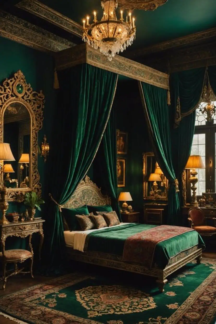 Luxurious bedroom with green walls, velvet canopy bed, ornate mirrors, and antique furniture under a grand chandelier