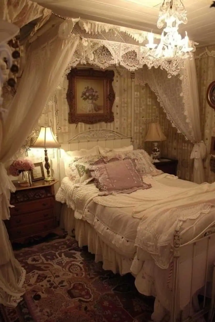 A cozy, vintage bedroom with a canopy bed, lace curtains, floral pillows, ornate lamps, and a chandelier