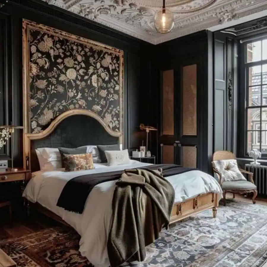 Elegant bedroom with ornate ceiling; floral wallpaper; large bed; vintage furniture; cozy atmosphere