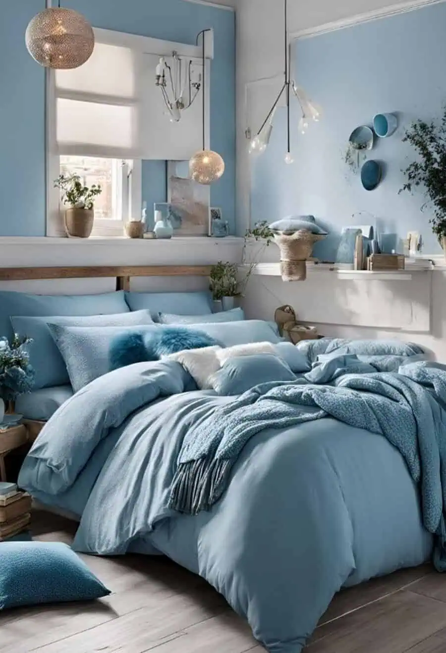 A cozy bedroom with blue decor and bedding, featuring plants and soft natural lighting