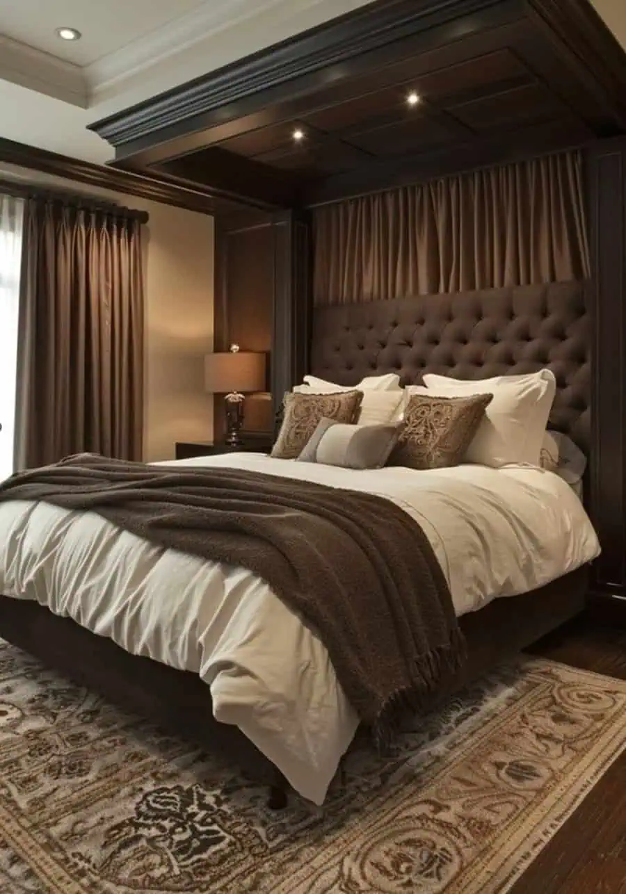 Luxurious bedroom with tufted headboard, plush pillows, and elegant bedding in brown and white tones.