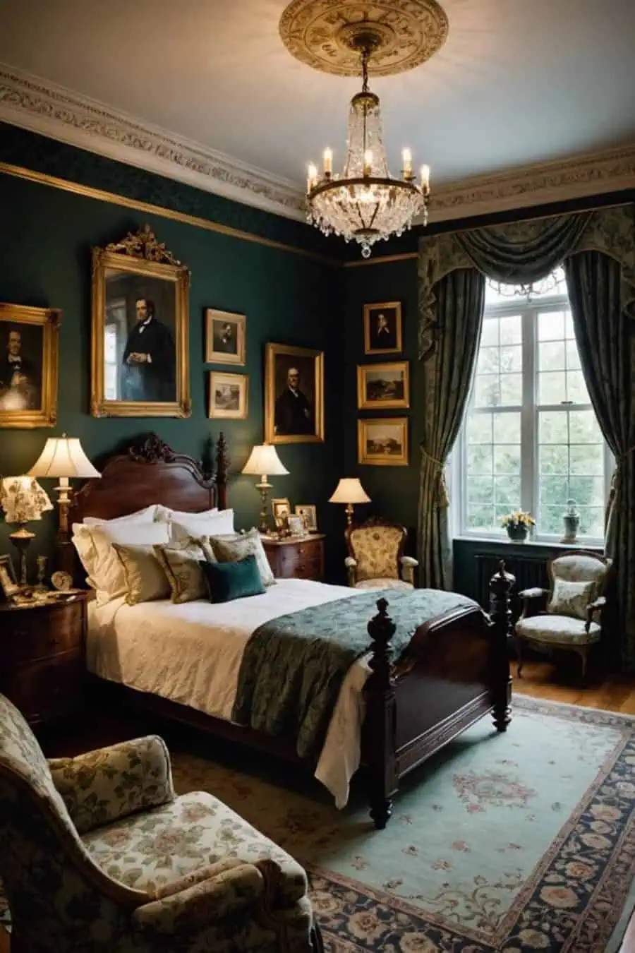 Elegant bedroom with dark green walls, vintage decor, a chandelier, wooden furniture, and framed portraits on the walls