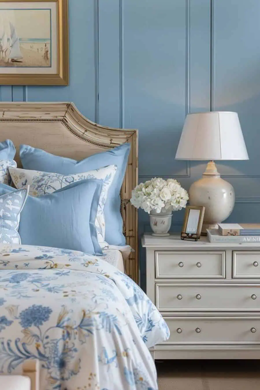 Bedroom with blue and white decor, bedside table with lamp, flowers, and books