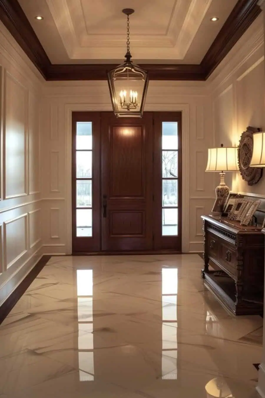 Elegant foyer with polished marble floor, wooden door with glass panels, ornate cabinet, and a ceiling lantern light