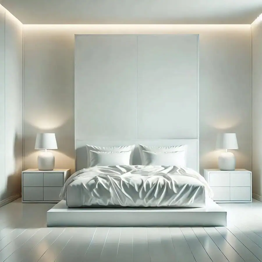 Minimalist all-white bedroom with modern furniture and soft ambient lighting.