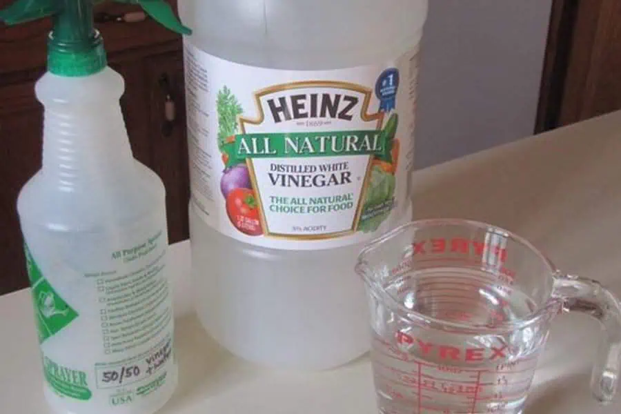 A bottle of Heinz white vinegar, a spray bottle, and a Pyrex measuring cup on a countertop