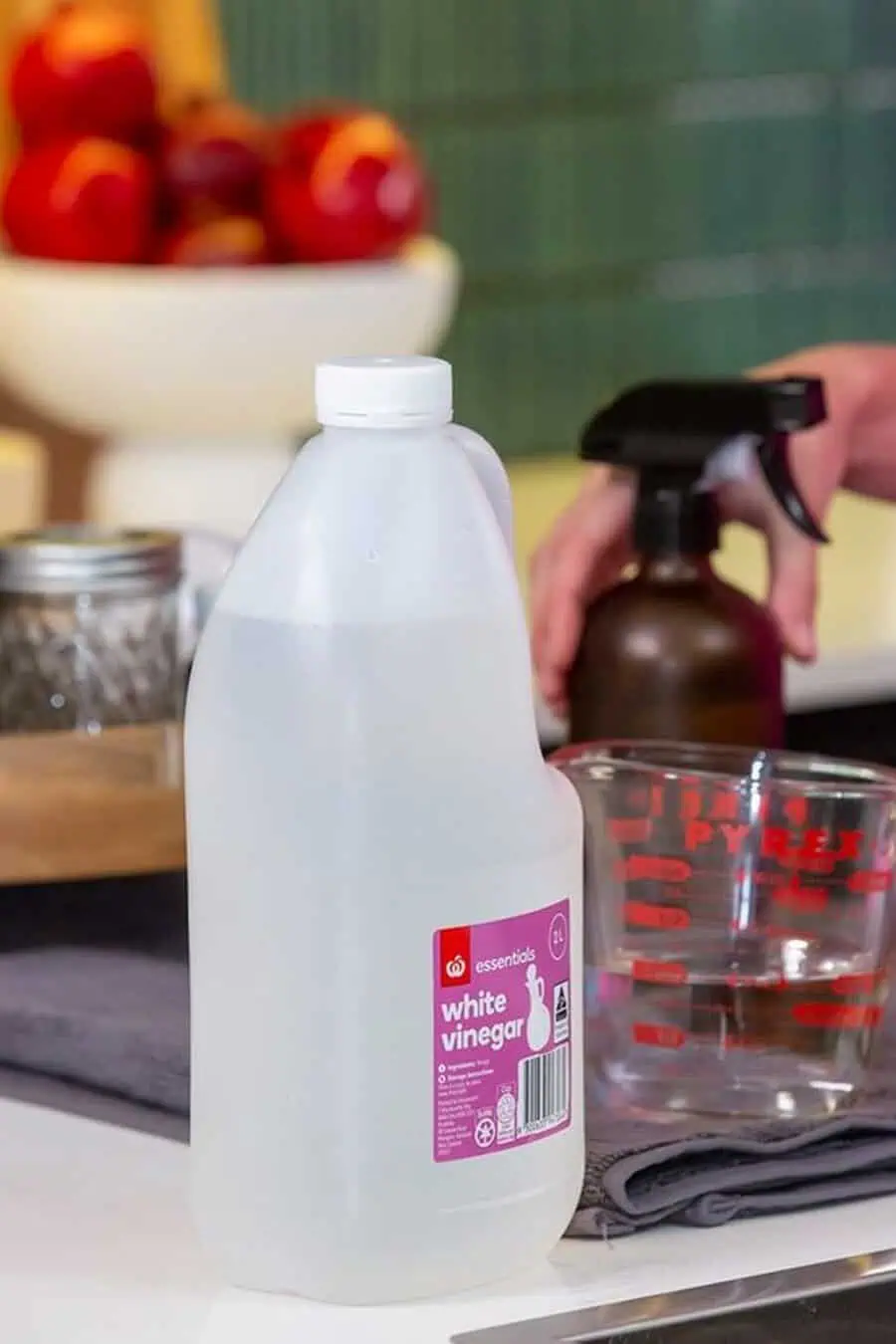 A plastic jug of white vinegar sits on a counter next to a measuring cup and a spray bottle