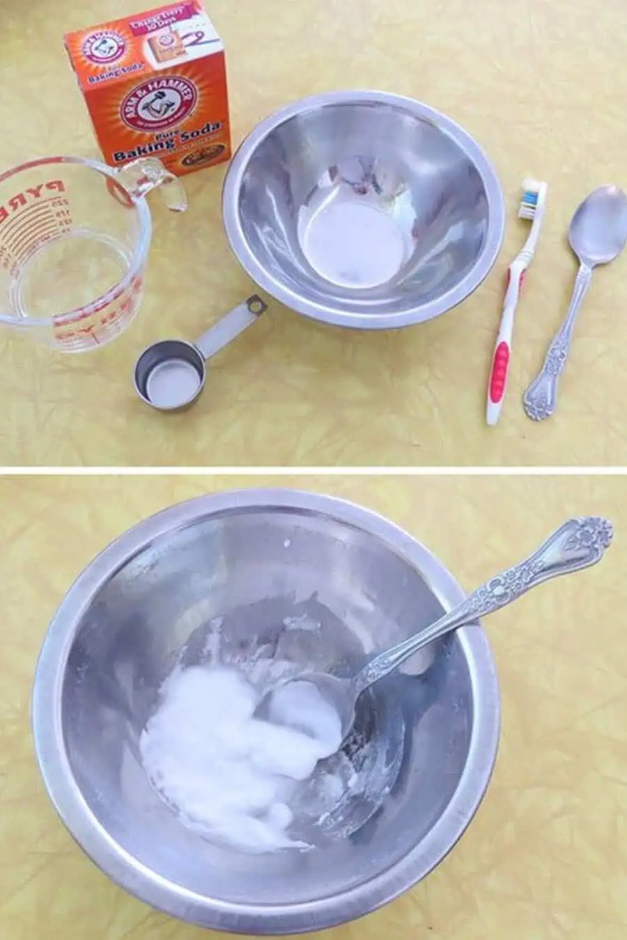 Ingredients for homemade toothpaste: a metal bowl with baking soda, a measuring spoon, toothbrush, spoon, and a mixing bowl