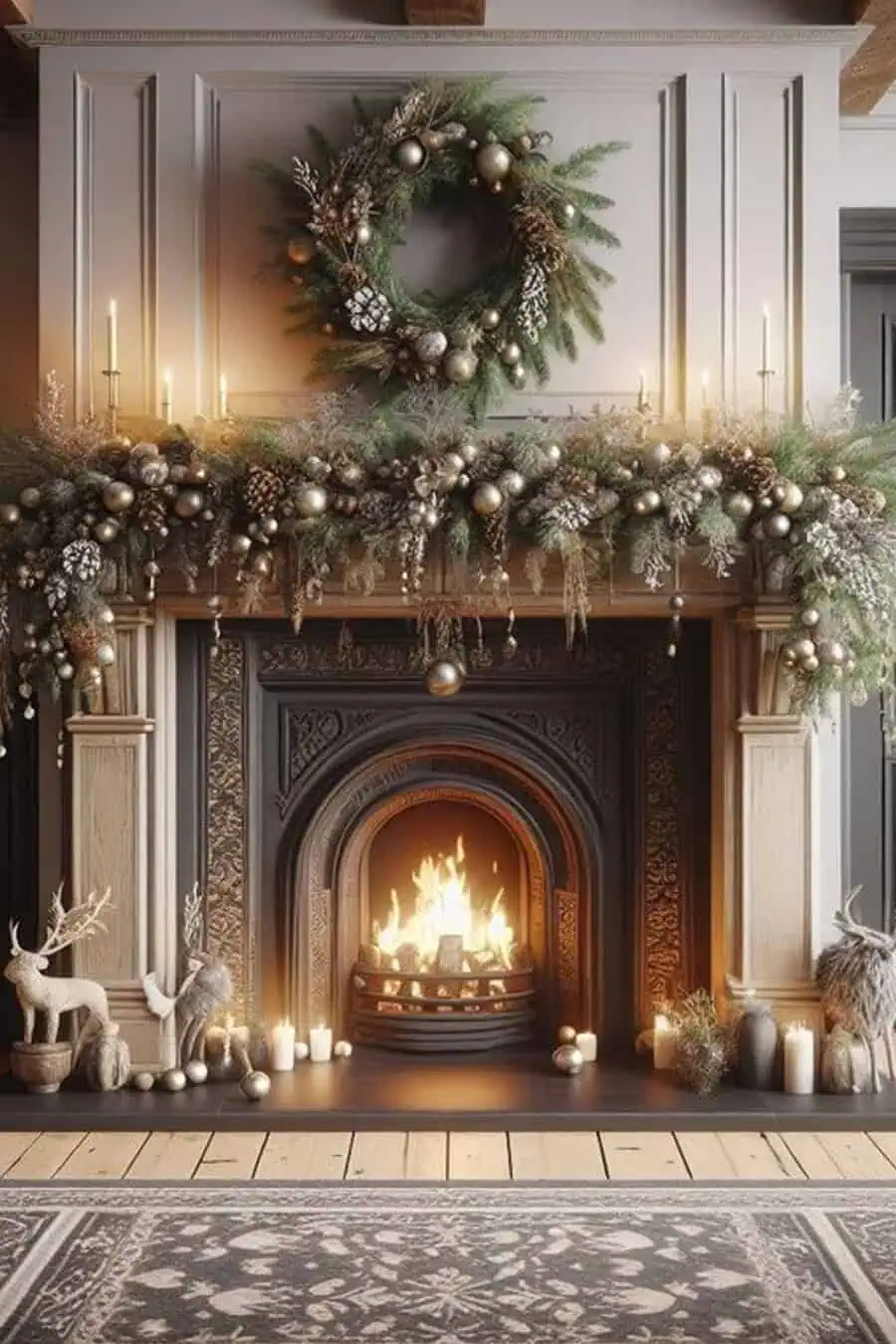 Festive Christmas mantel decor featuring a lush garland, wreath, candles, and decorative accents.