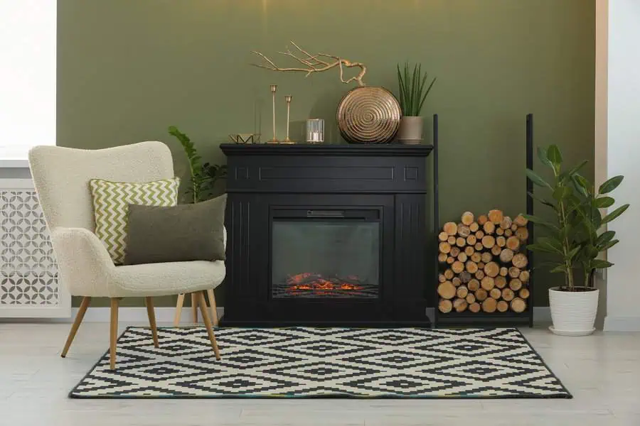 Creative fireplace area featuring a black mantel, decorative plants, and stylish seating.