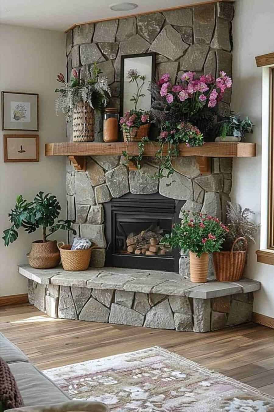 Rustic stone fireplace adorned with a wooden mantel, vibrant flowers, and decorative plants.