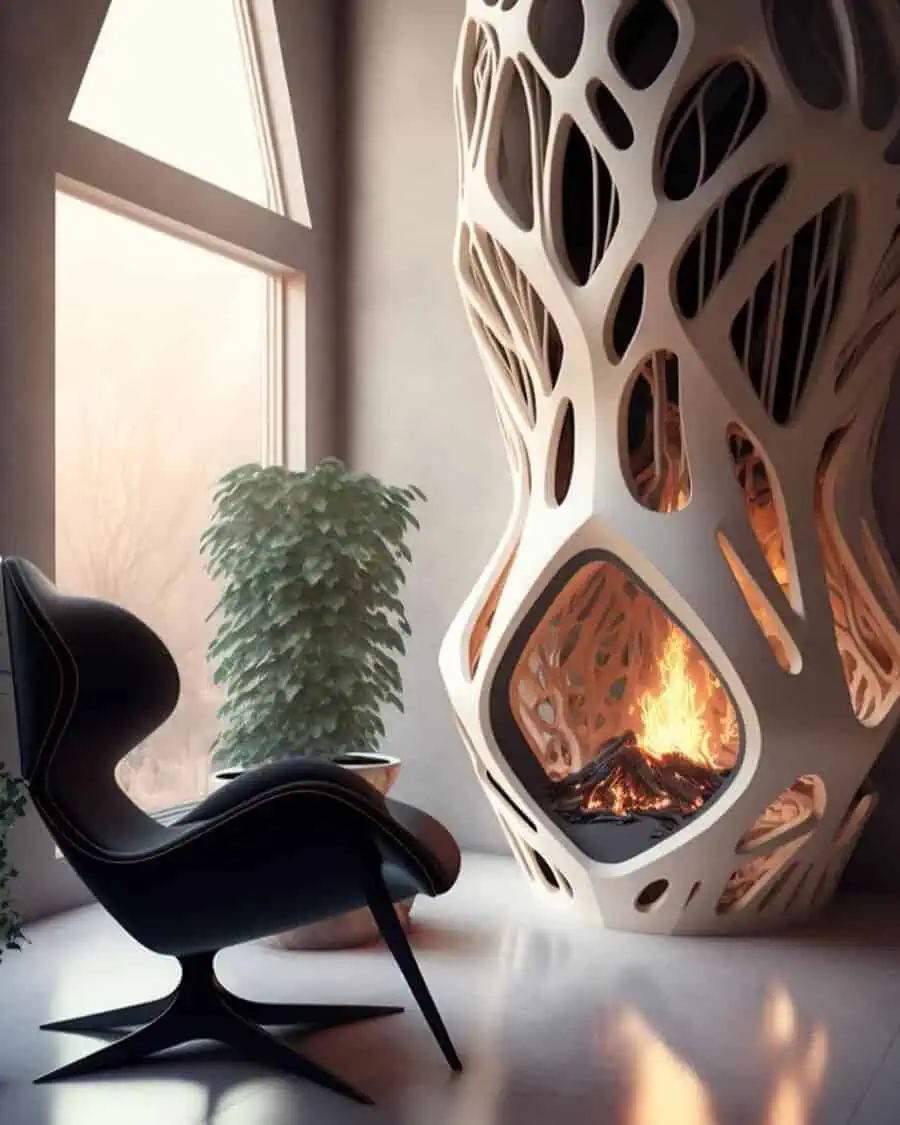 Unique fireplace design featuring an intricate sculptural exterior, surrounded by modern decor and plants.