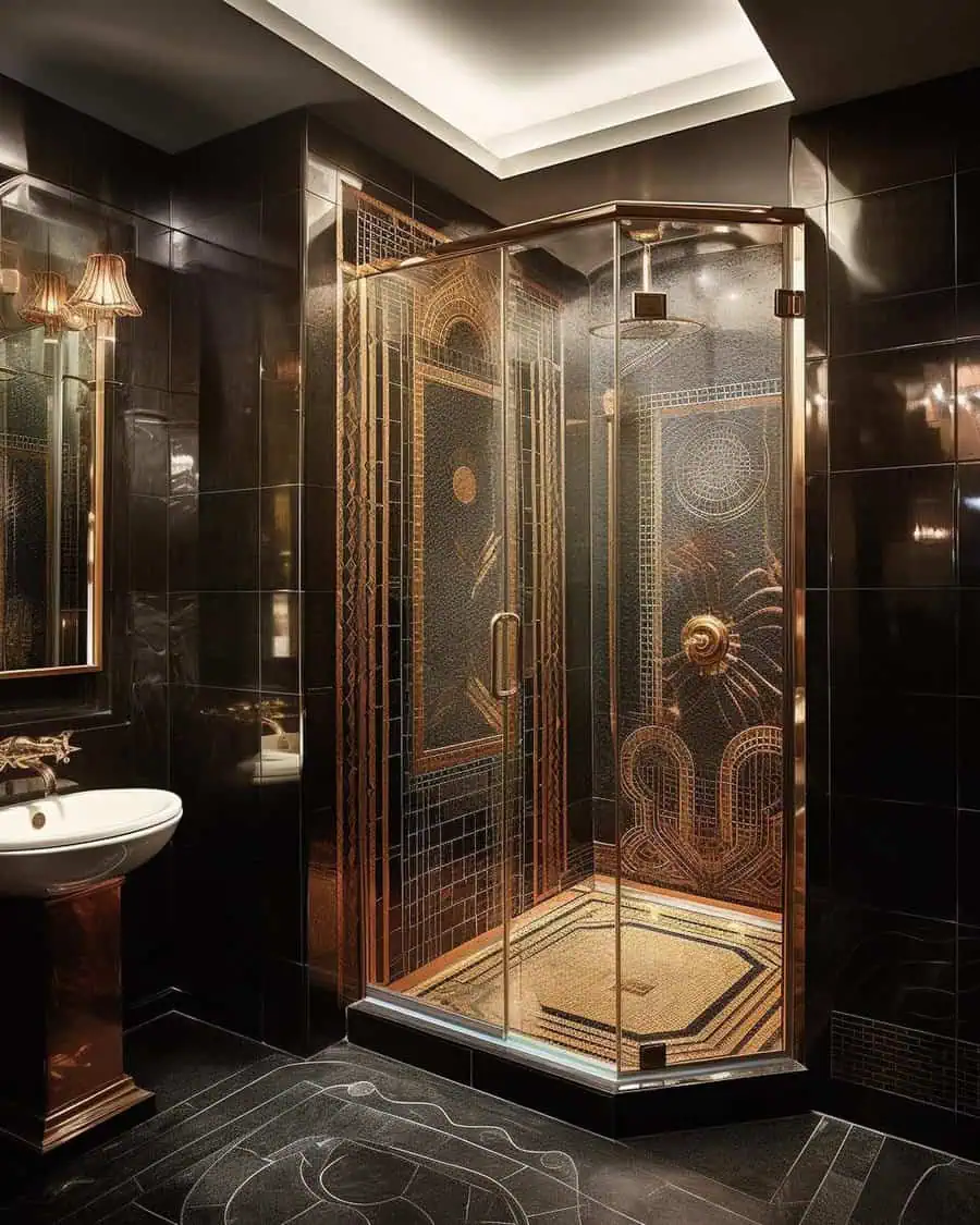 Luxurious black and gold Art Deco bathroom with intricate glass shower and pedestal sink.