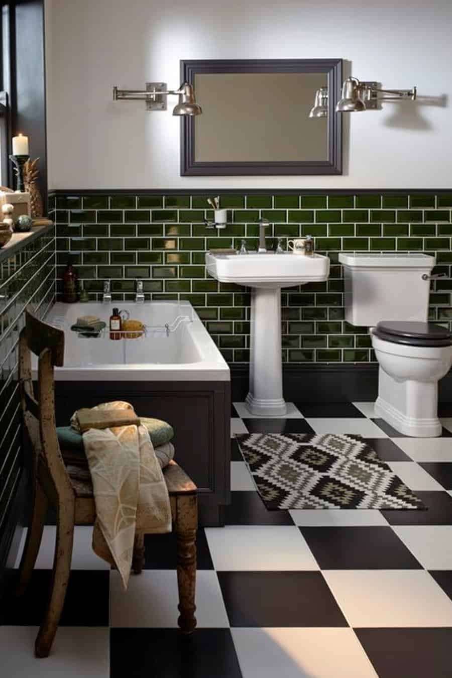 Art Deco bathroom with green subway tiles, pedestal sink, black and white checkered floor, and bathtub.