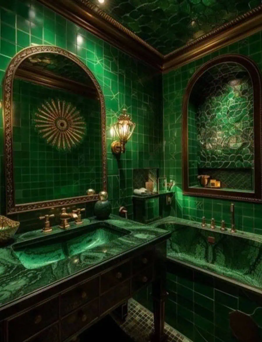 Bold green Art Deco bathroom with ornate tiles, green vanity, gold fixtures, and arched mirror.