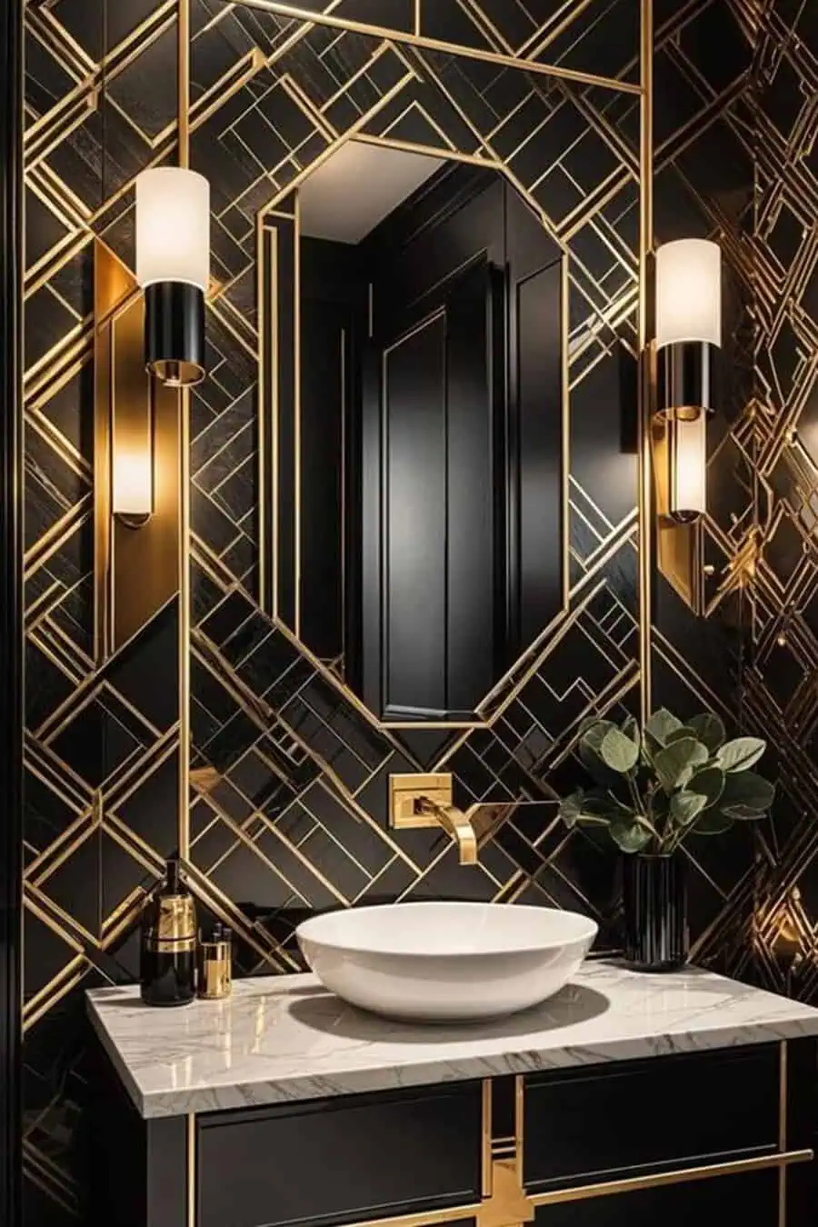 Elegant Art Deco bathroom featuring striking black and gold geometric designs with sleek lighting fixtures.