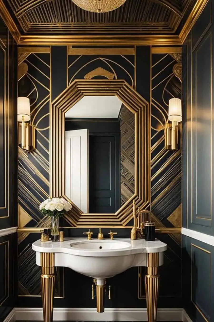 Black and gold Art Deco bathroom with geometric wallpaper, ornate mirror, and pedestal sink.