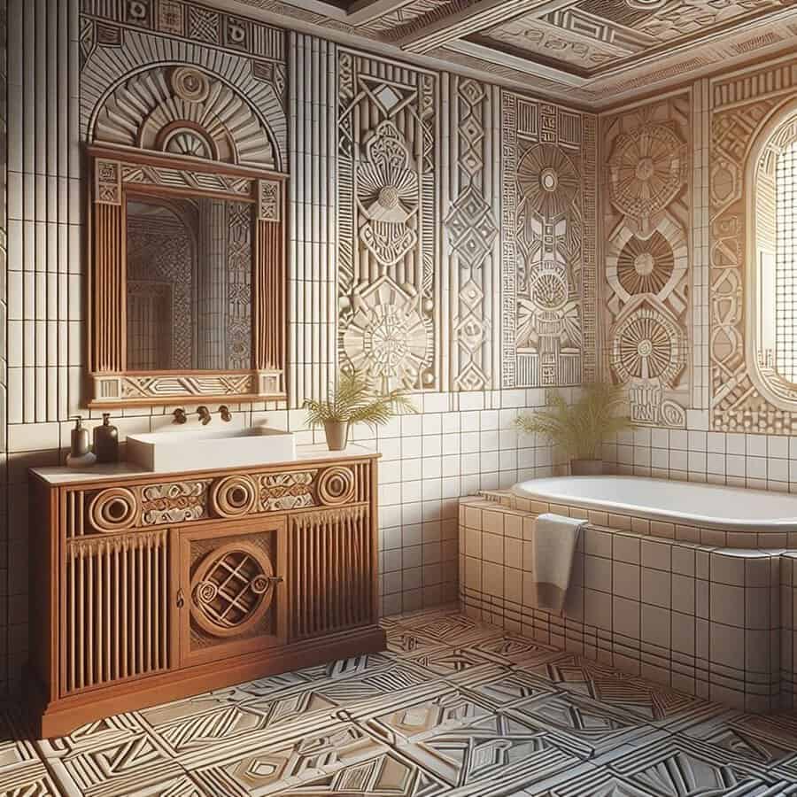 Intricate Art Deco bathroom with geometric wall designs, detailed wood vanity, and tiled bathtub.