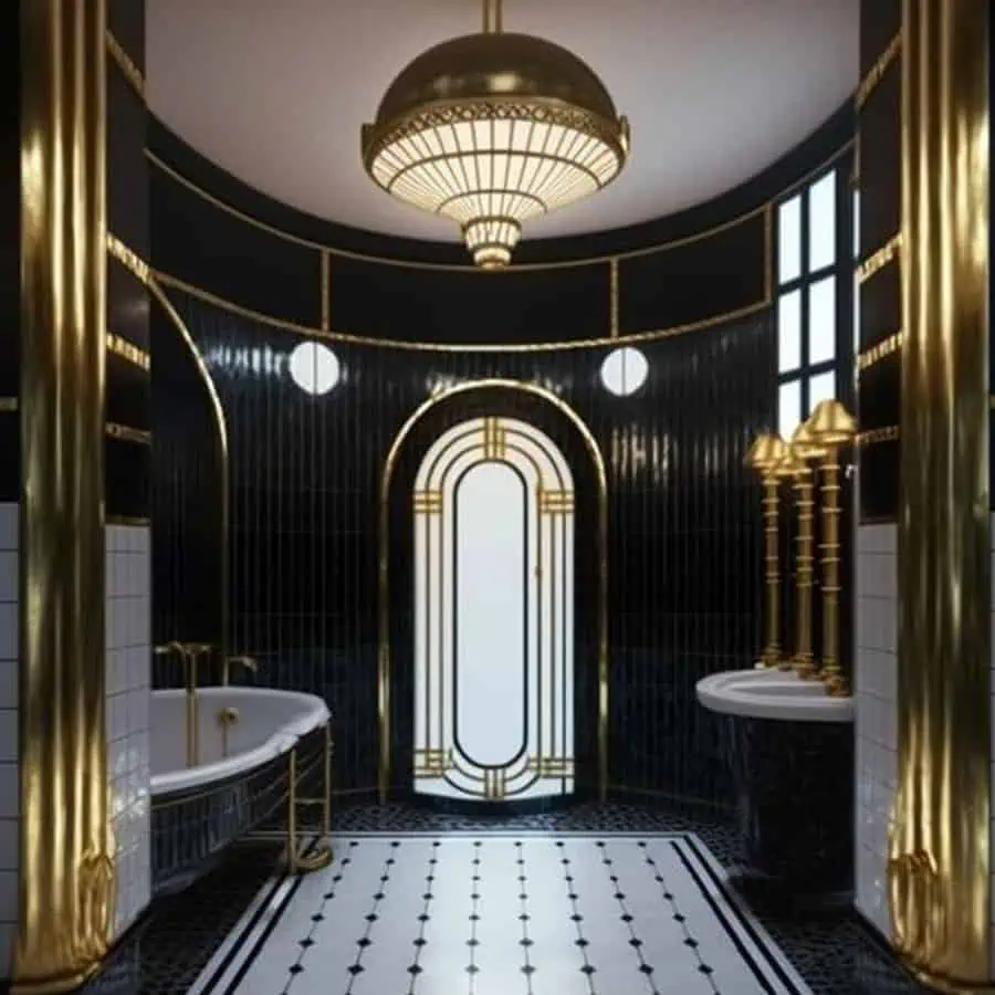 Elegant black and gold Art Deco bathroom with decorative door, pendant lighting, and freestanding tub.