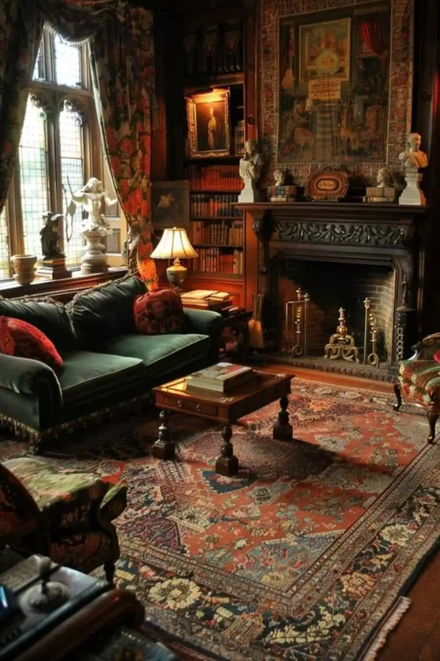 Cozy library with a velvet green couch, ornate fireplace, and antique decor, surrounded by bookshelves and intricate tapestry.